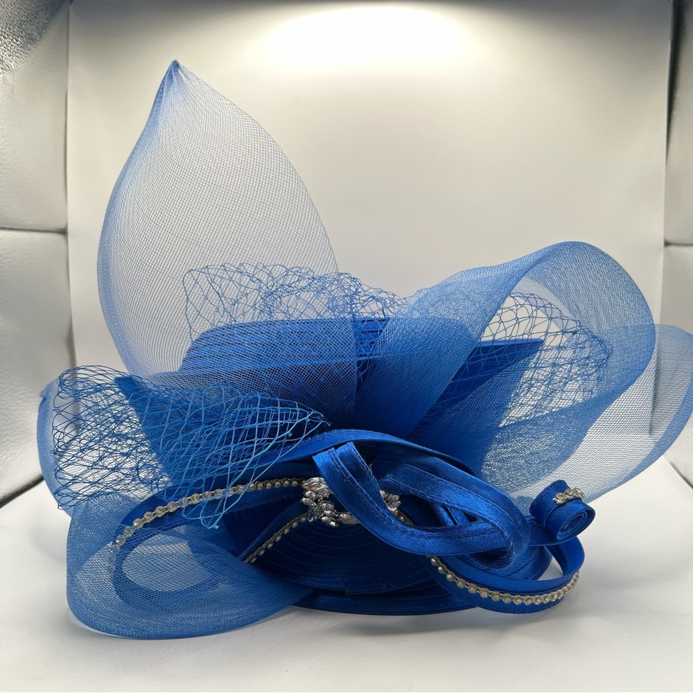 Susanna Elegant Blue Church, Derby Hat with Meshing and Rhinestone Accents